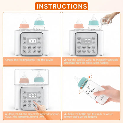 Ultimate 9-in-1 Portable Baby Bottle Warmer with LCD Display - Fast and Efficient Double Bottle Heating in White