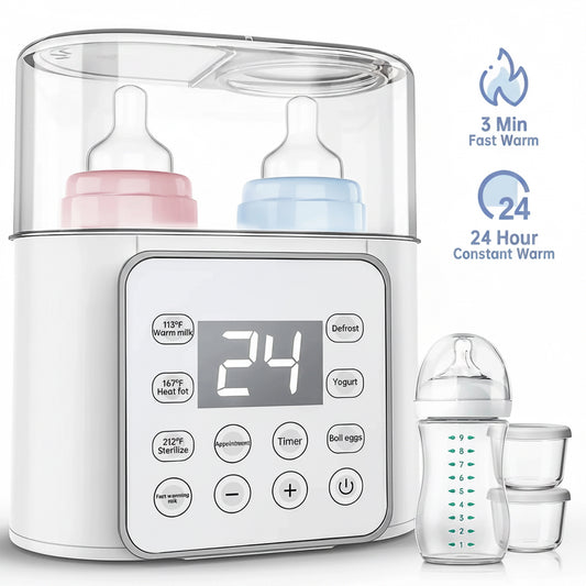 Ultimate 9-in-1 Portable Baby Bottle Warmer with LCD Display - Fast and Efficient Double Bottle Heating in White