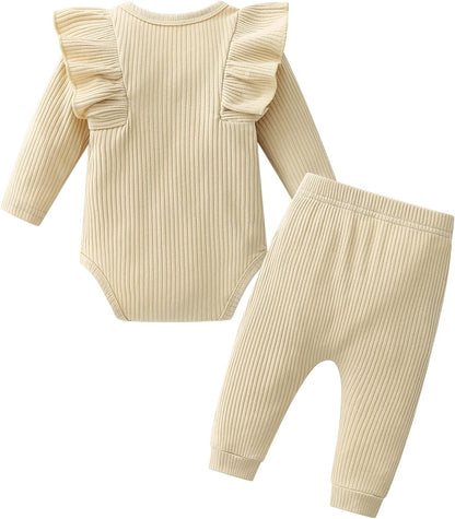 Adorable Newborn Baby Girl 3-Piece Outfit Set - Cozy Long Sleeve Romper with Ruffle Pants for Winter and Spring
