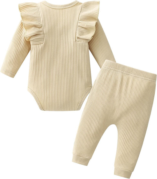 Adorable Newborn Baby Girl 3-Piece Outfit Set - Cozy Long Sleeve Romper with Ruffle Pants for Winter and Spring