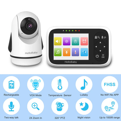 Experience Peace of Mind with the HelloBaby HB6336 Video Baby Monitor - 3.2" Color Display, IR Night Vision, and 1000 Ft Range
