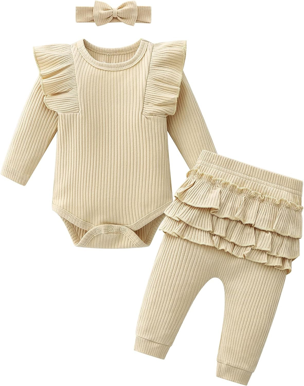 Adorable Newborn Baby Girl 3-Piece Outfit Set - Cozy Long Sleeve Romper with Ruffle Pants for Winter and Spring