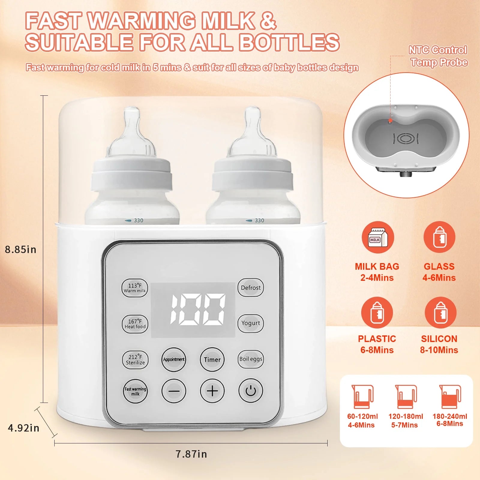Ultimate 9-in-1 Portable Baby Bottle Warmer with LCD Display - Fast and Efficient Double Bottle Heating in White